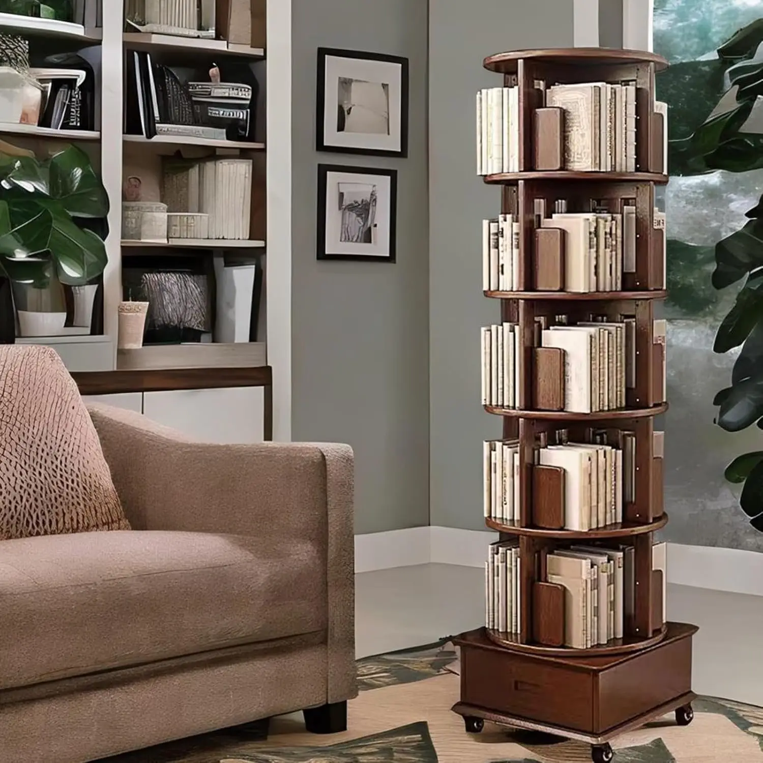 Solid Wood Rotating Book Shelf, 360° Display Bookcase with Drawer, 5-Tier Mobile Bookshelf with Wheels, 79