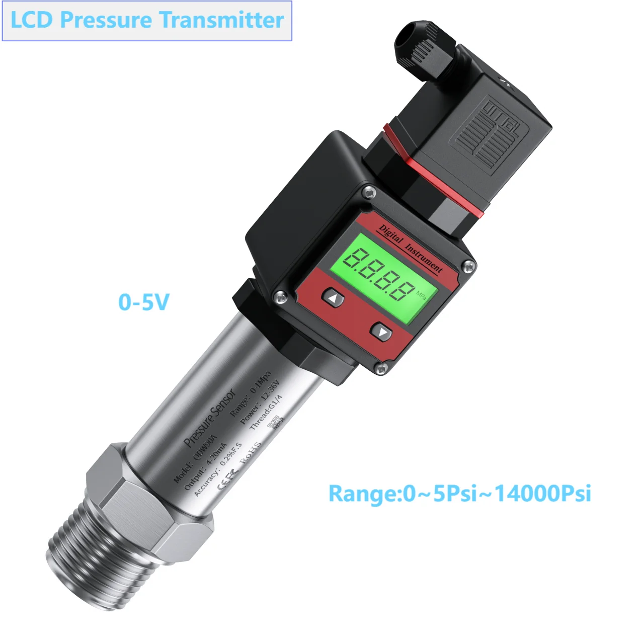 0-5V LCD Hersman Pressure Sensor Transmitter 20Psi 200Psi 2000Psi 14000Psi 800bar Range G1/4 G1/2 NPT1/4 LCD Pressure Sensor