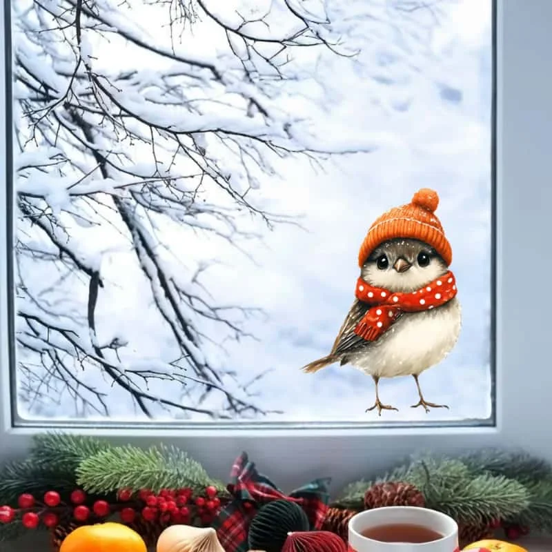 A Christmas Bird Window Sticker with a Red Hat And Scarf - Holiday Decoration, Winter Home And Kitchen Decoration M1657