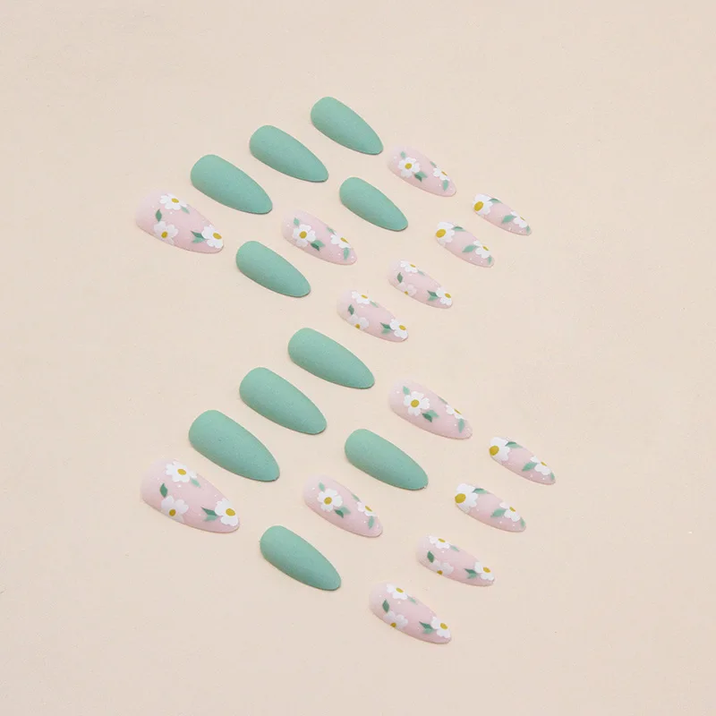 24Pcs Light Green flower False Nails Frosted almond Press on Nail Detachable Design Fake Nails For Women and Girls Nail Art