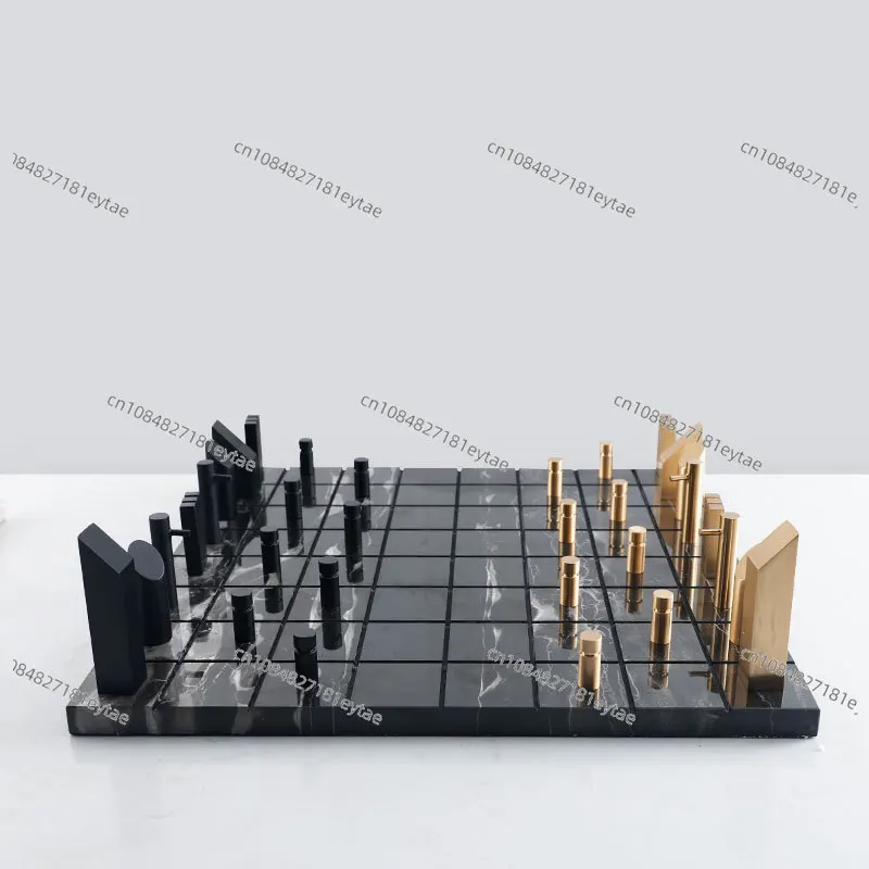 Golden Metal Chessboard with Marble Squares, Geometric Check King Game, Home Decor