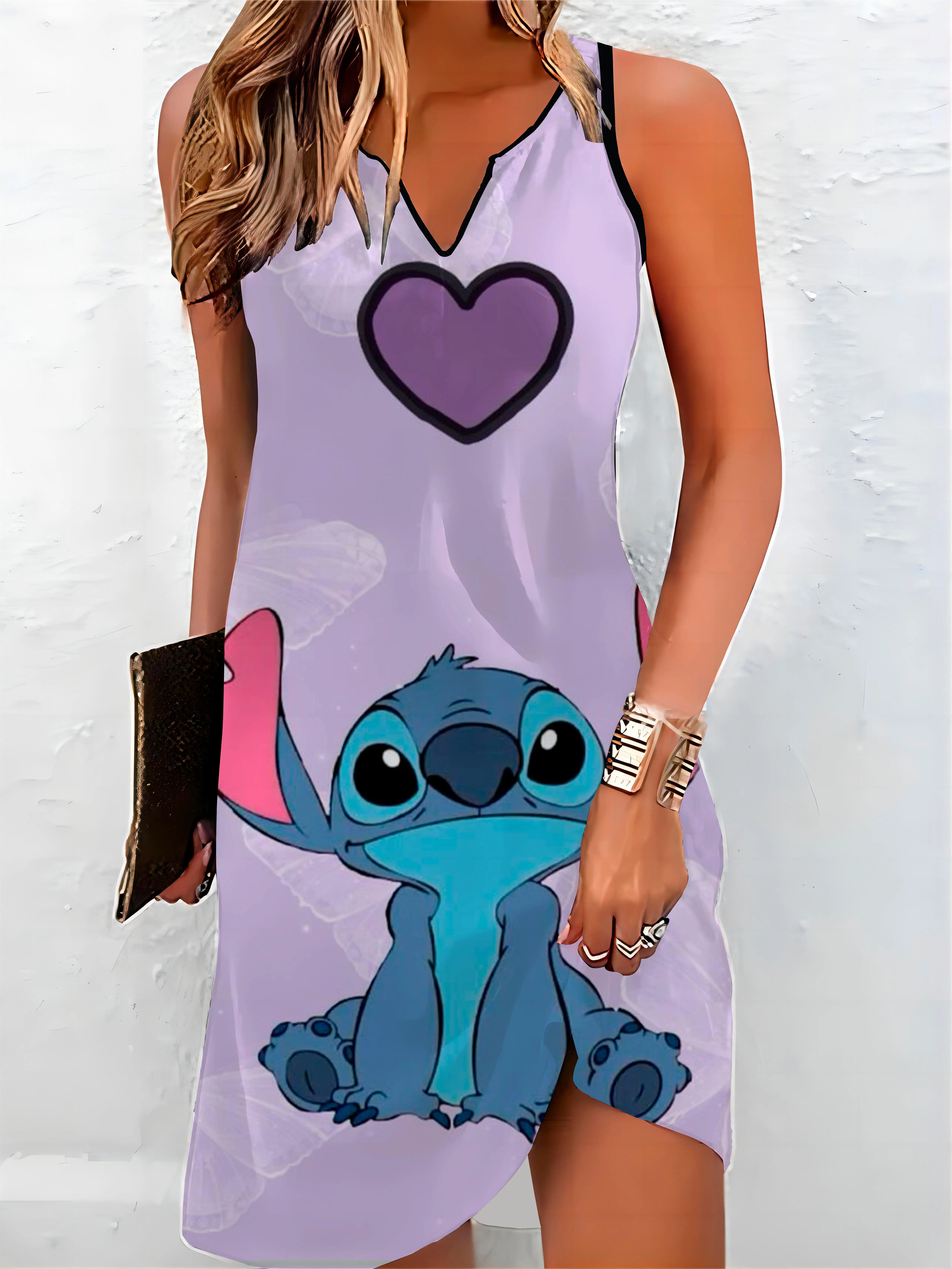 Elegant Party Dresses 2024 Summer Dress V-neck Off Shoulder Disney Stitch Womens Women Short Chic Sleeveless Disney Home Women's