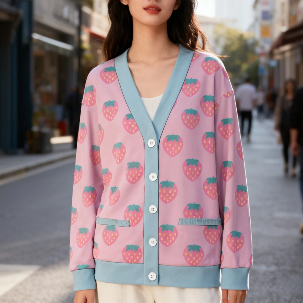 Women's Strawberry Print Pastel Pink V-Neck Fleece Cardigan Button Front Pockets Coats Perfect for Casual Autumn Winter Fashion