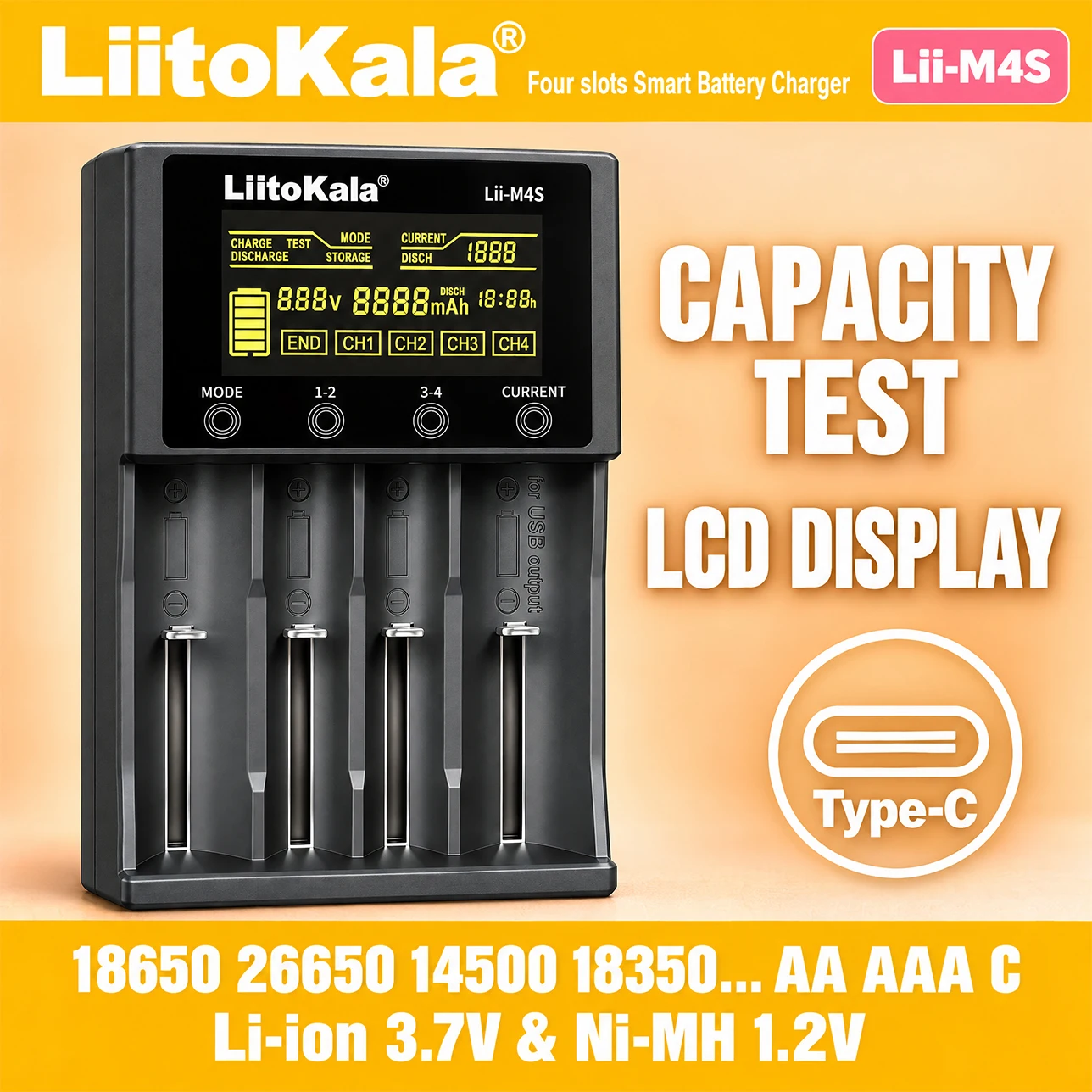 LiitoKala Lii-M4S Battery Charger 4 Slot LCD Capacity Tester 300-1000mA Storage Mode USB Power Bank for 18650 21700 26650 NiMH