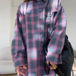 Women Casual Plaid Long Sleeve Shirt Female Teenager Vintage Retro Chic Streetwear Grunge Pocket Button Loose Oversized Shirt