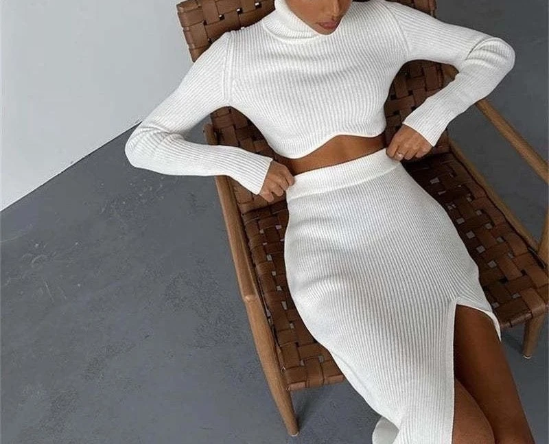 

Новый осенне-зимний комплект с высоким воротом и нерегулярной полуюбкой с разрезом, облегающий комплект для женской одежды