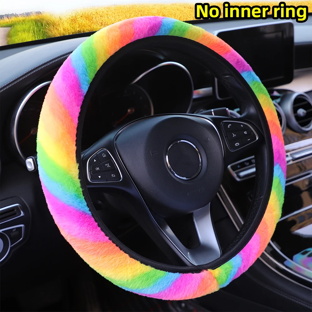 Winter Warm Women's Hand Colored Striped Plush Steering Wheel Cover 14.5-15 Inch Car Interior Accessory Rimless