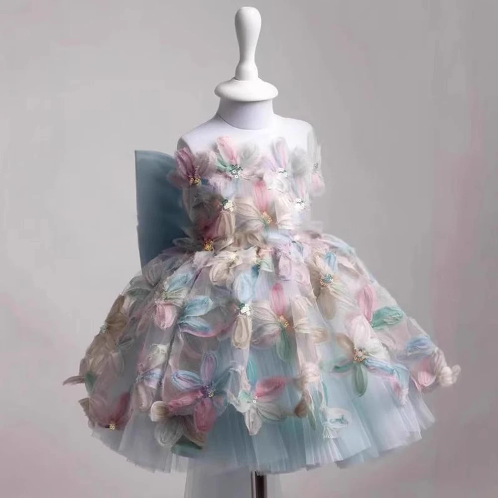 Sleeveless Ball Gown Princess Flower Girls Dresses Appliques Fashion Kids First Birthday Evening Party Frocks 1-12Y