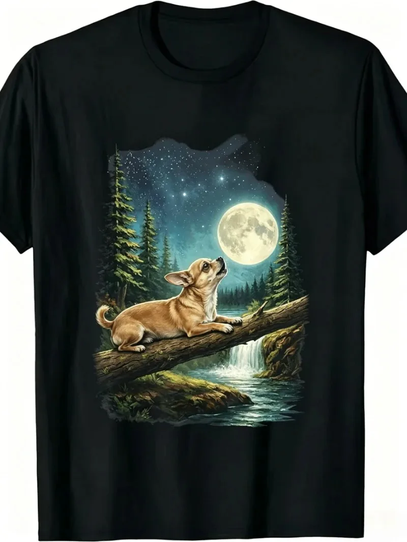 2026Retro Chihuahua Moon Print T-shirt Vintage Forest Graphic Short Sleeve Tops Men Women Casual Loose Streetwear Daily Wear Tee