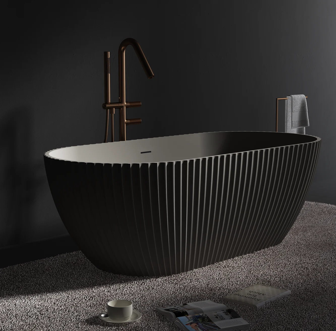 

Modern Black Matt Freestanding Soaking Bathtub Portable Walk-in With Drainer Small Size Artificial Stone Material For Hotels