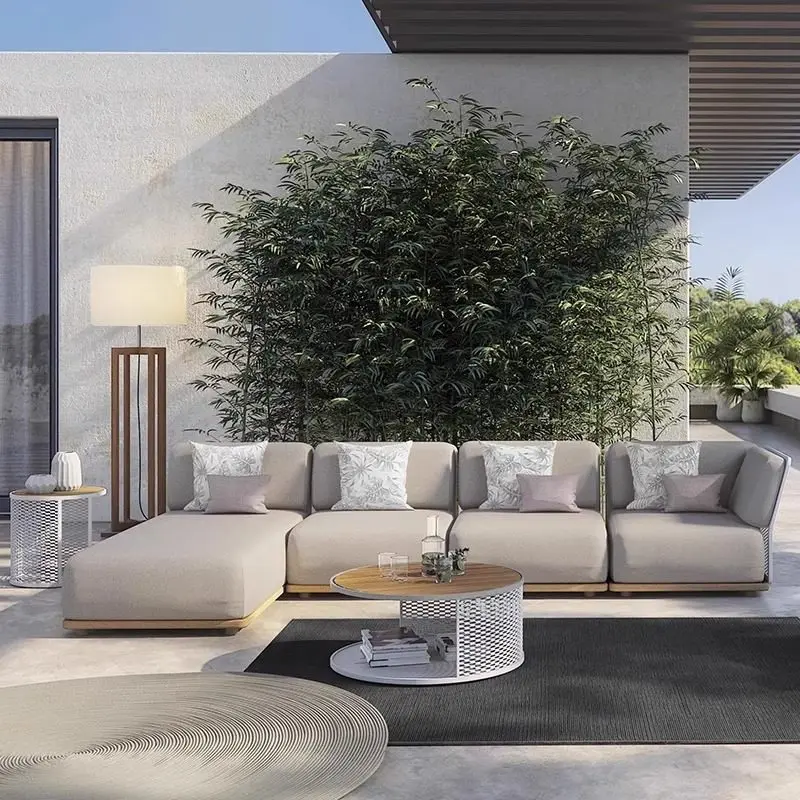 ！@Outdoor L-Shaped Sofa Bed Set-Villa/Courtyard Teak Waterproof Modern Simple Design for Terrace & Garden image 3
