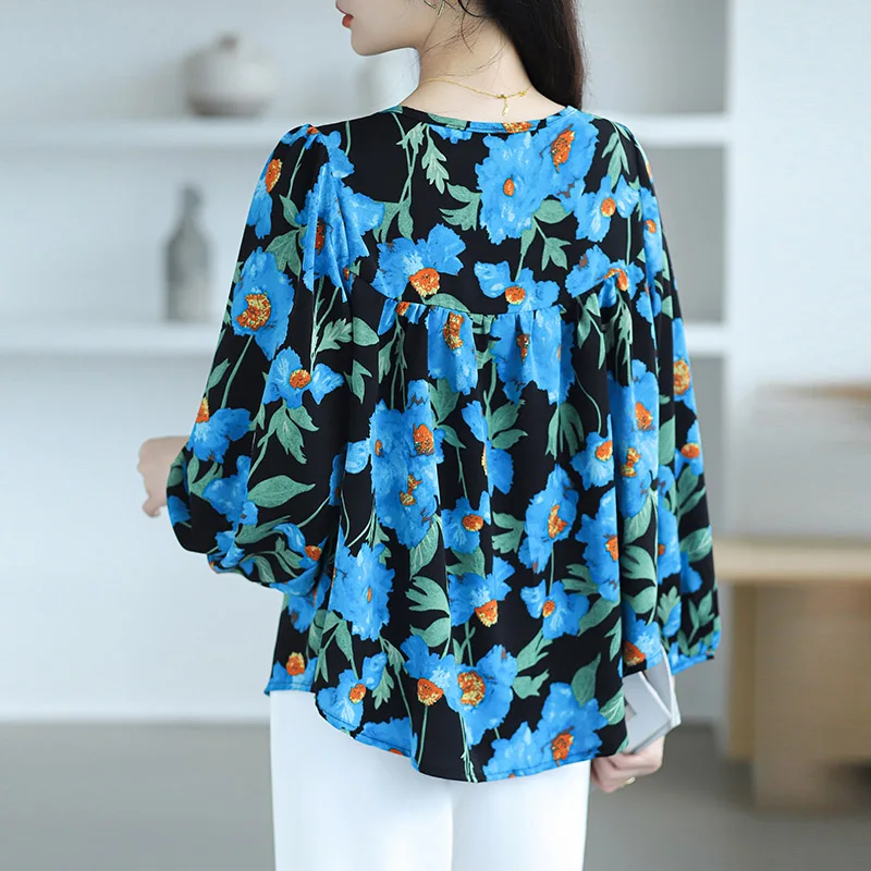 Women Clothing Loose Casual Oversized Print Shirt Autumn Fashion All-match O-neck Long Sleeve Blouses Office Lady Chiffon Tops