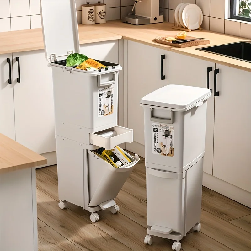 Space-Saving, Large-Capacity Two-Compartment Trash Can with Lid—Easy-to-operate Pedal, Separates Dry and Wet Waste,