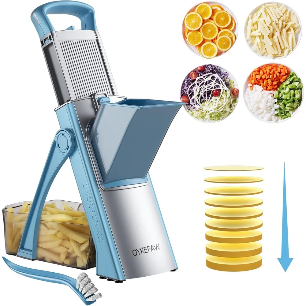 

6-in-1 Adjustable Mandoline Slicer, Vegetable Chopper & French Fry Cutter with Peeler and Cleaning Brush (Blue)