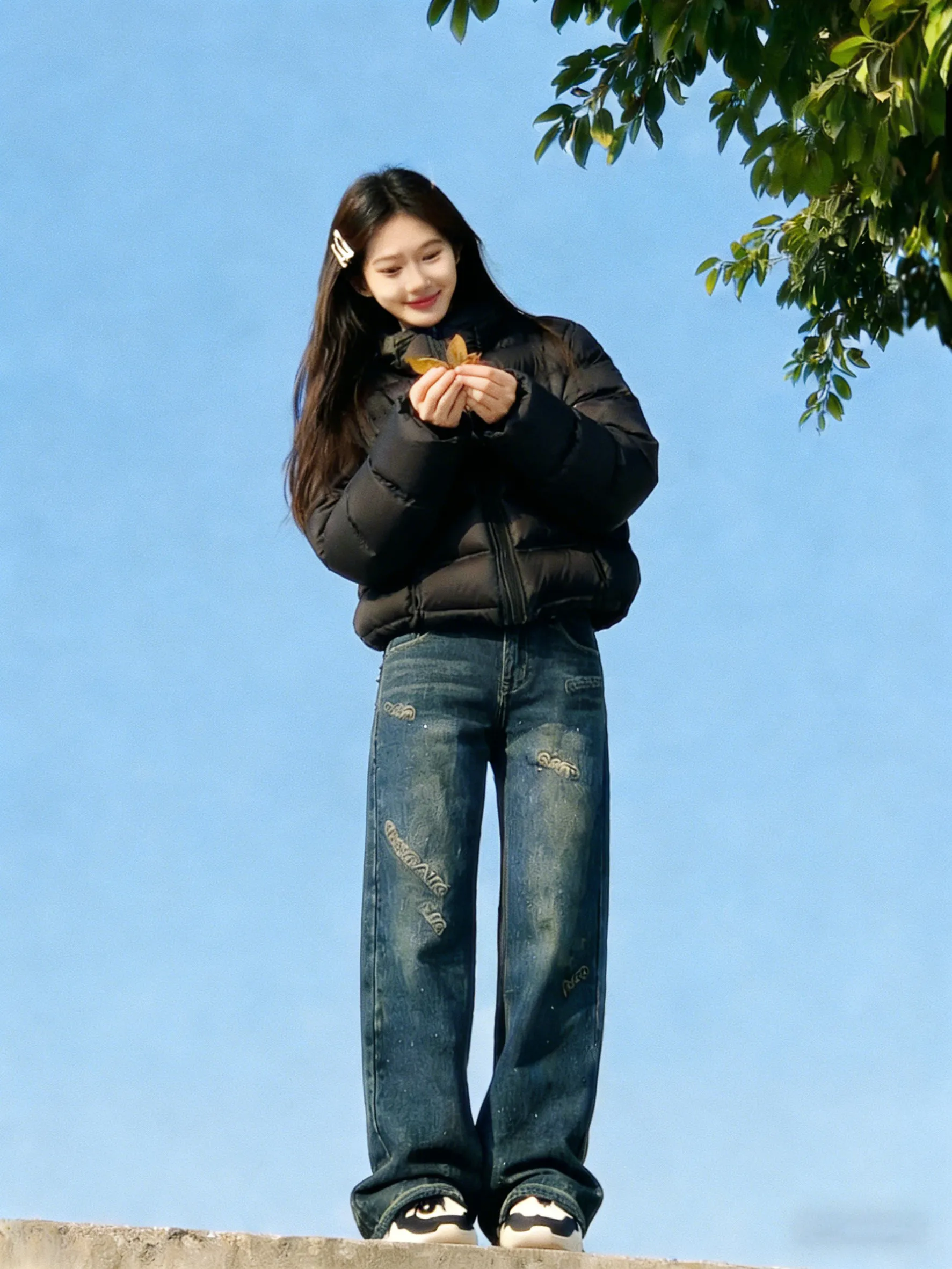 

Модные джинсы с вышивкой и флисовой подкладкой, женские, с высокой талией, прямые, узкие, зимние, новые, со стразами