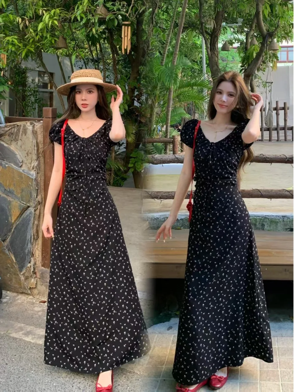 

plus Size Summer Floral Print Slimming Black Dress Casual Loose Fit A-Line Long Skirt for Women Breathable Skin-Friendly