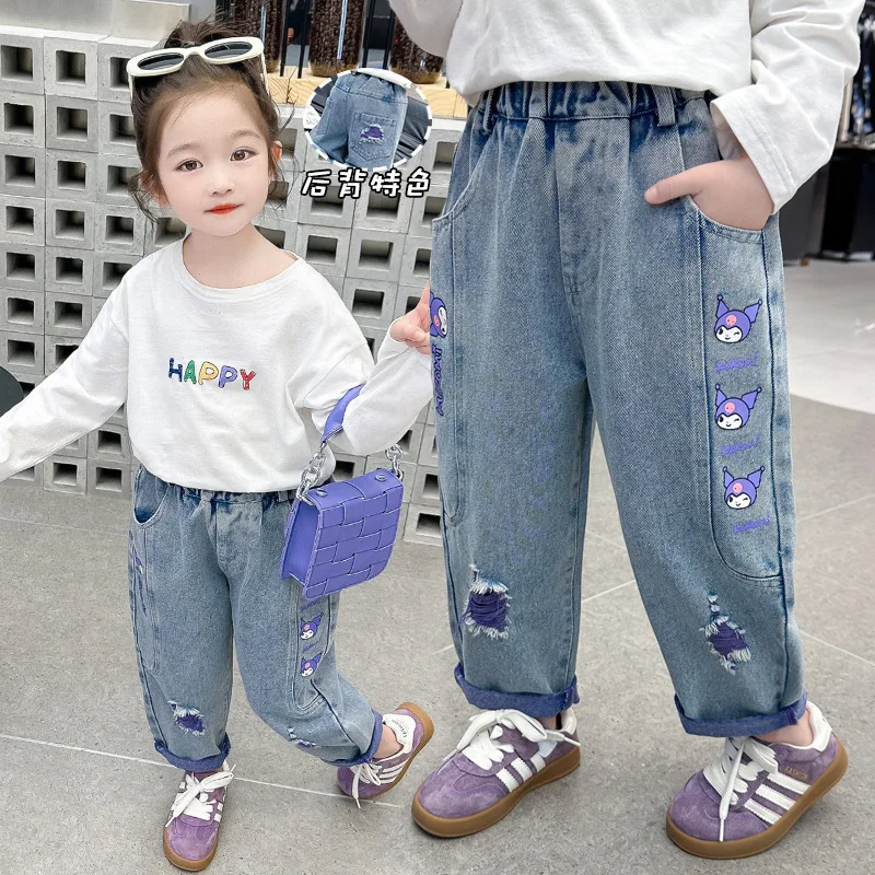 New Cartoon Kuromi Girls Jeans Anime Sanrios Fashion Children's Versatile Elastic Waist Trouser Spring Autumn Korean Casual Pant