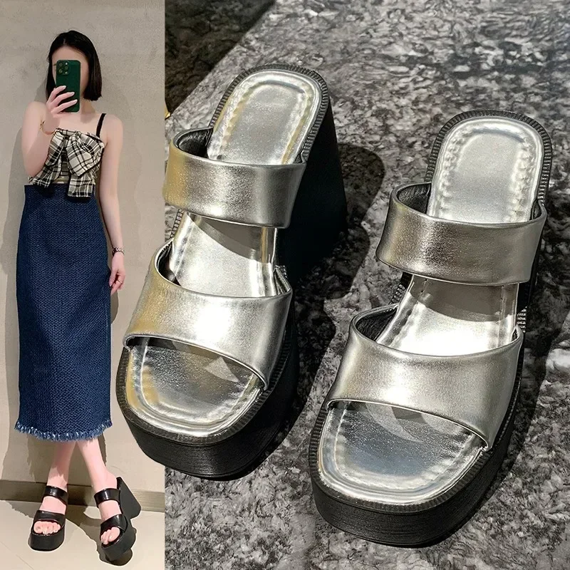 Chinelos casuais de praia de fundo grosso para mulheres, sapato peep toe, nova moda, verão, 2022