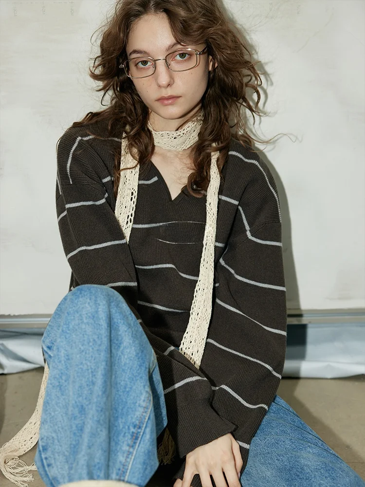 

Классический полосатый вязаный свитер BMLT с длинными рукавами, V-образным вырезом, свободного кроя, тонкий, осенний, новый, в корейском стиле, из полиэфирного волокна