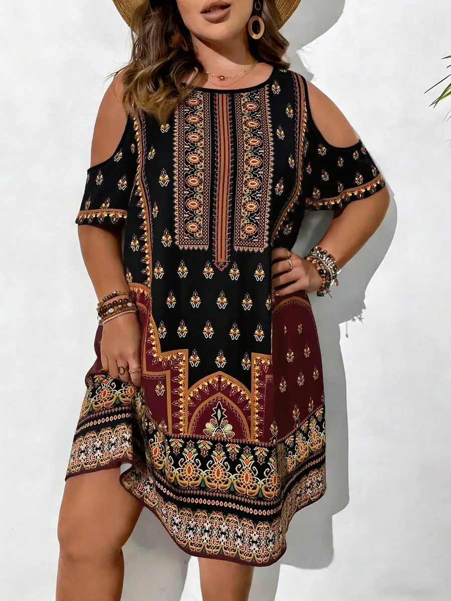 

Womens Off-Shoulder Printed Short Dress Bohemian Style