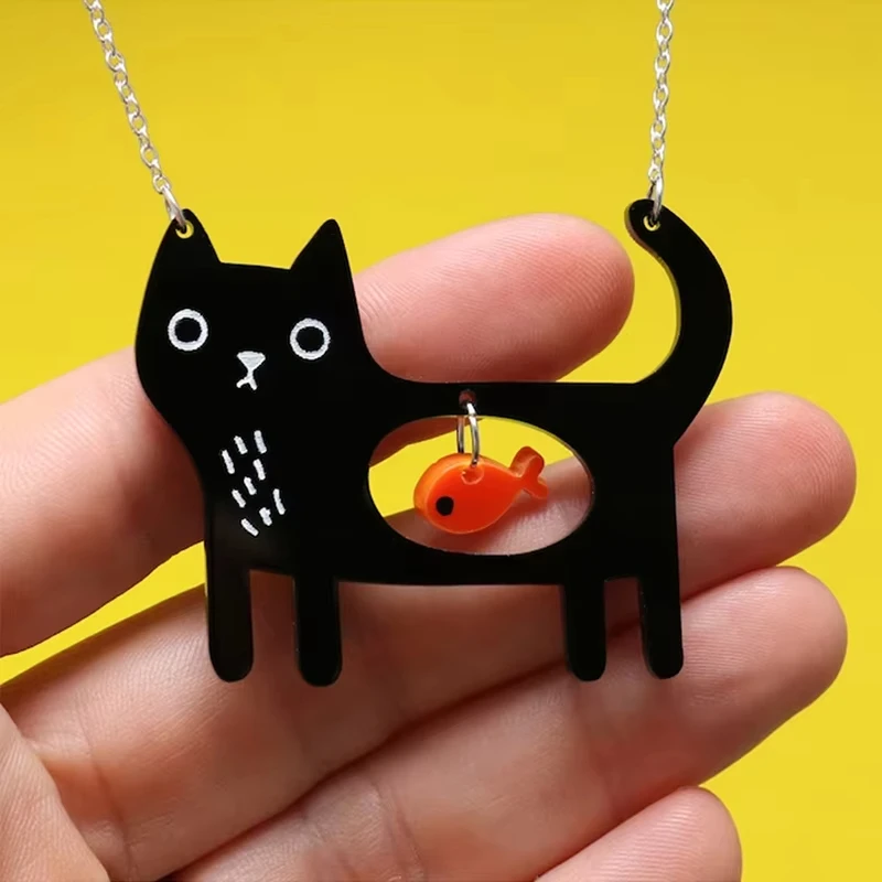 Cute Black Cat Goldfish Pendant Necklace Cartoon Hollow Cat With Little Orange Fish Dainty Silver Chain Jewelry Gift