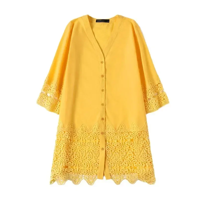 Summer New Women\'s S-3XL Shirt Dress with European and American Hollowed Out Lace Sun Protection Shirt and Beach Skirt