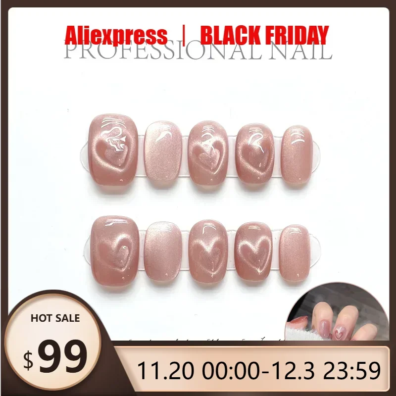 

10pcs Handmade Press-On Nails Set Pink Cat Eye With Cute Heart Designs Short Almond Shape Glossy Finish Nail For Women And Girls