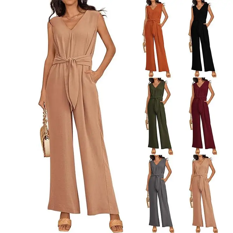 

Women's High Waist Wide Leg Jumpsuit Svel Waistl Polyester Fiber Thin Spring Season Long Pants Sle