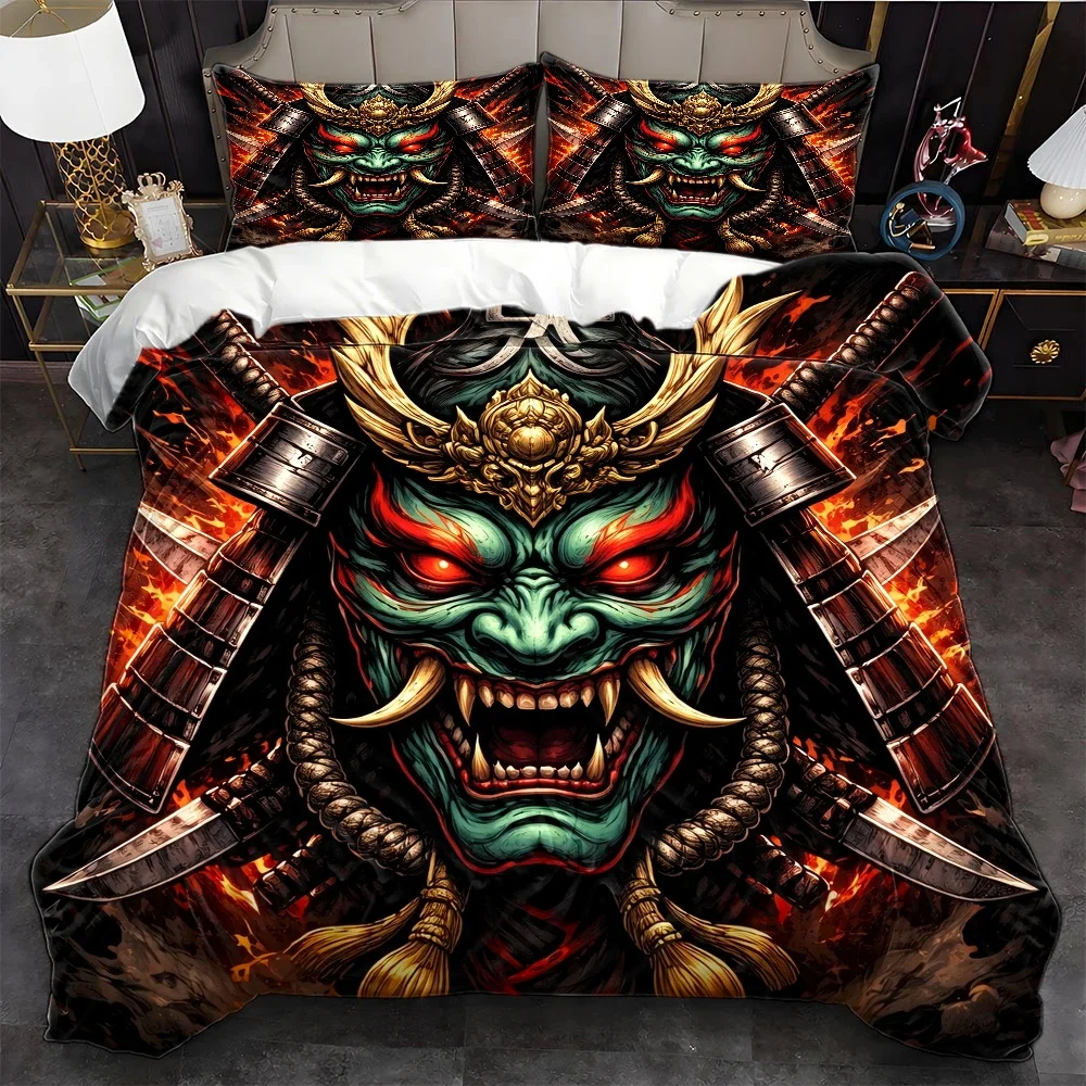 3Pc Japanese-Style Demon Warrior Print Duvet Cover Set, Three-Piece Bedding Set (1 Duvet Cover + 2 Pillowcases), Suitable for All Seasons, Machine Washable, Invisible Zipper Double Bed Cover, Suitable for Home, Dormitory, Master Bedroom, Guest Room, Large Trendy Anime-Style Bedding Set, Personalized Warrior-Style Bedding Set, Durable and Skin-Friendly Bedroom Bed Cover Set, Hot-Selling Creative Bedding Set with 2D Flat Print