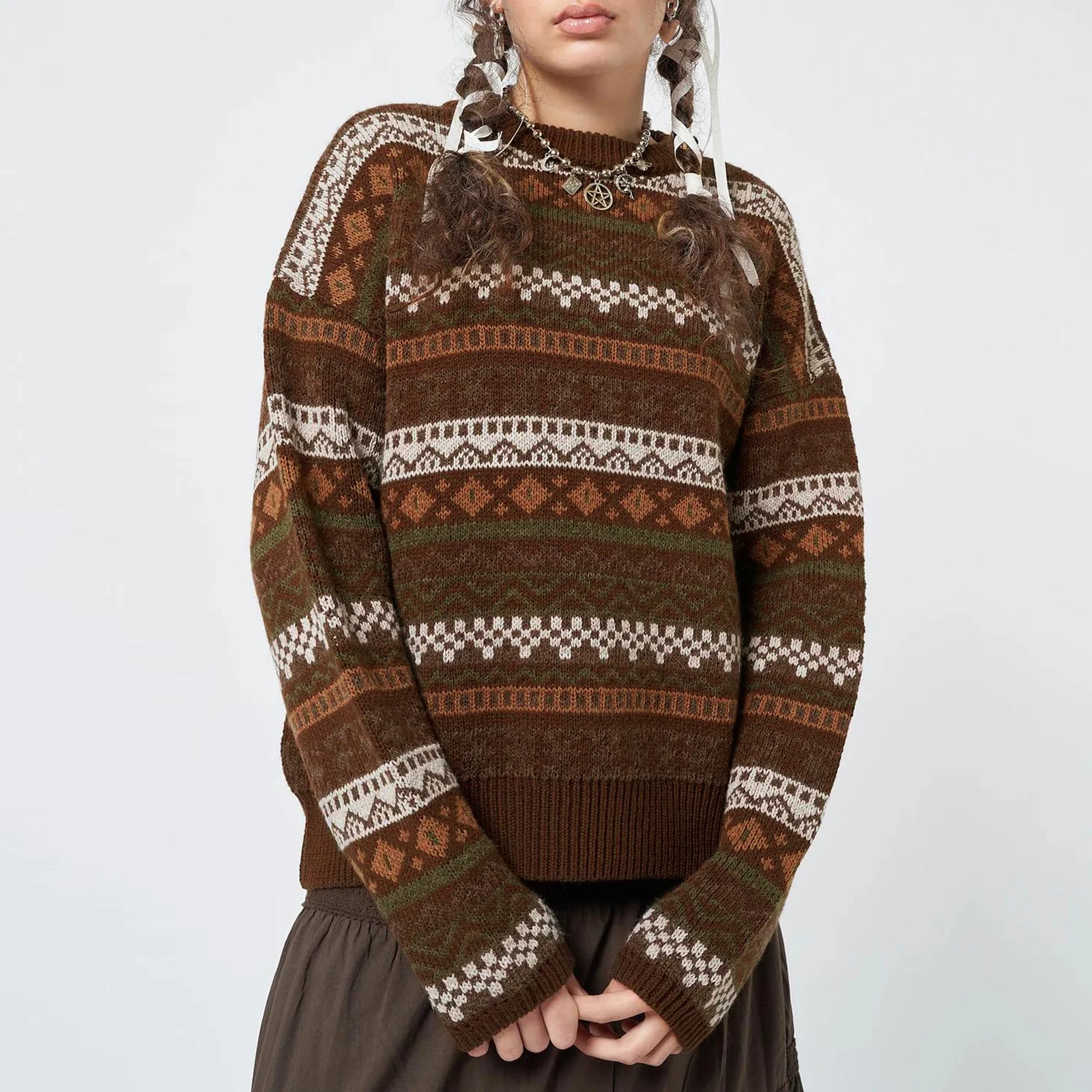 

Combhasaki женский пуловер в полоску с рисунком Argyle, свитер, топ, повседневный пуловер с длинными рукавами и круглым вырезом, винтажный пуловер в консервативном стиле, трикотаж