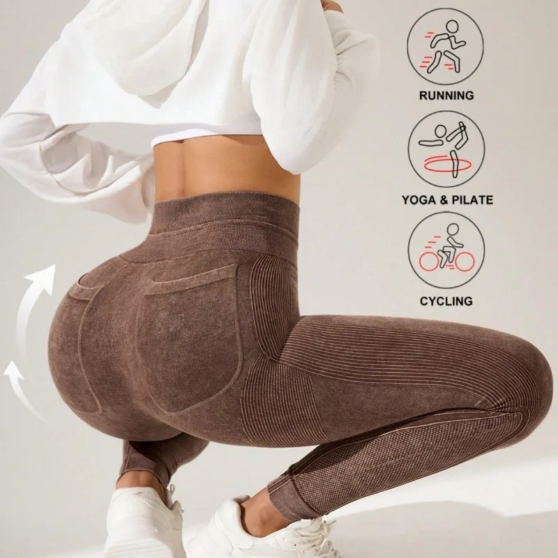 Women High Waist Yoga Leggings with Pockets Washed Textured Tummy Control Quick Dry Outdoor Running Fitness Sports Fashion Pants