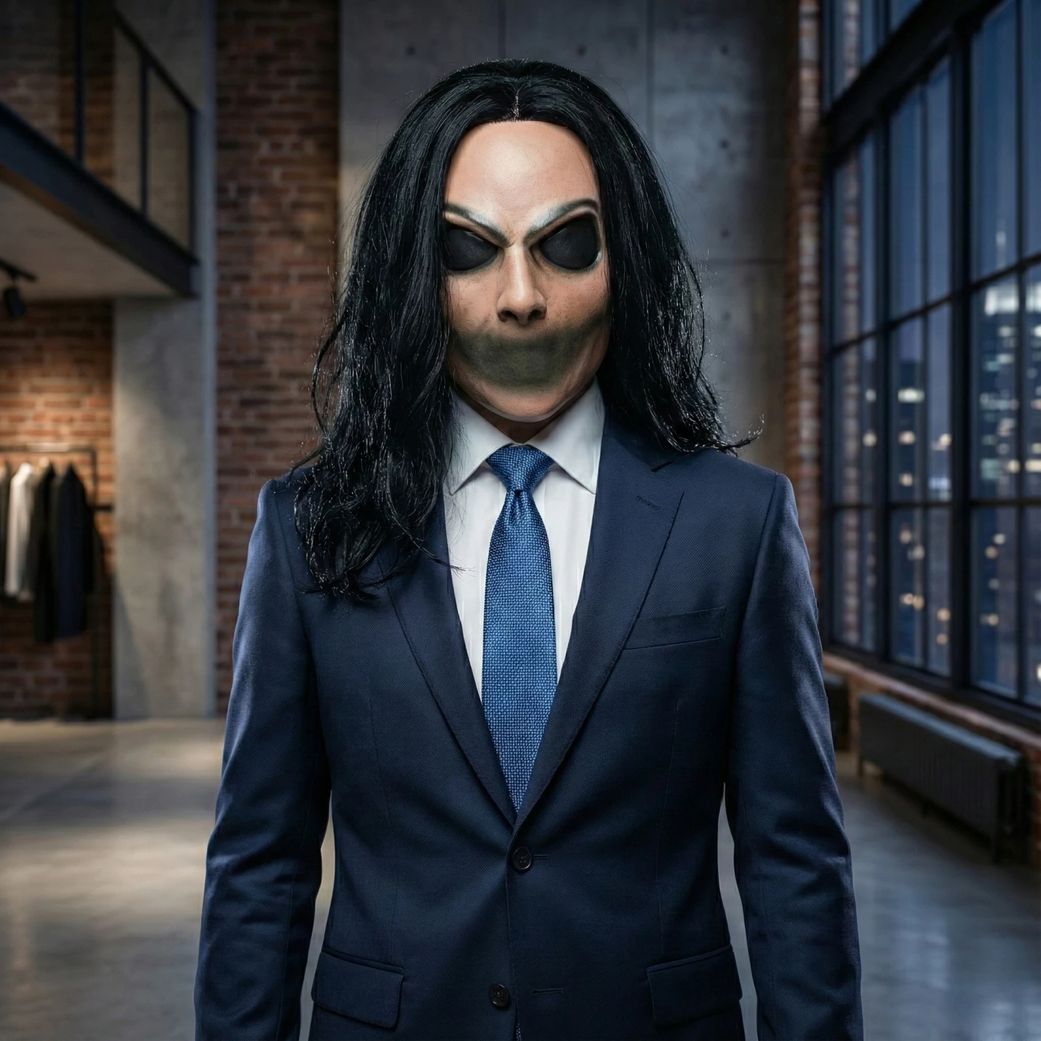 Silent Stalker Horrormaske mit Haaren – realistisches, mundloses Killer-Gesicht für Halloween-Kostüme und Cosplay für Erwachsene