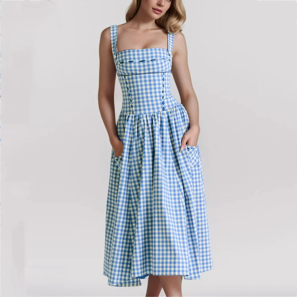 2024 Sexy Blue White Plaid Slash Collar Tank Dress Women Cross Ribbon Eyelet Hole Slim Low Waist Folds Hem A-line Swing Robe