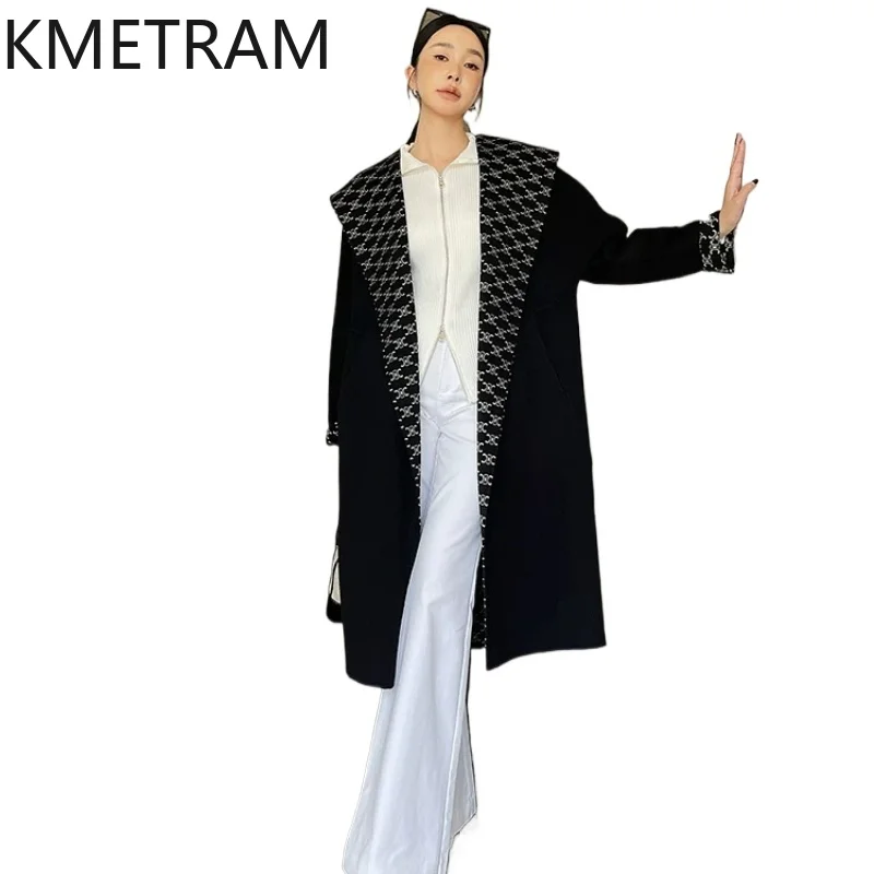 KMETRAM 100% Real Wool Coat Fashion Lapel Belted Waist Long Jackets Women's Wool Trench Coats Winter Woman Clothes 2026 casaco