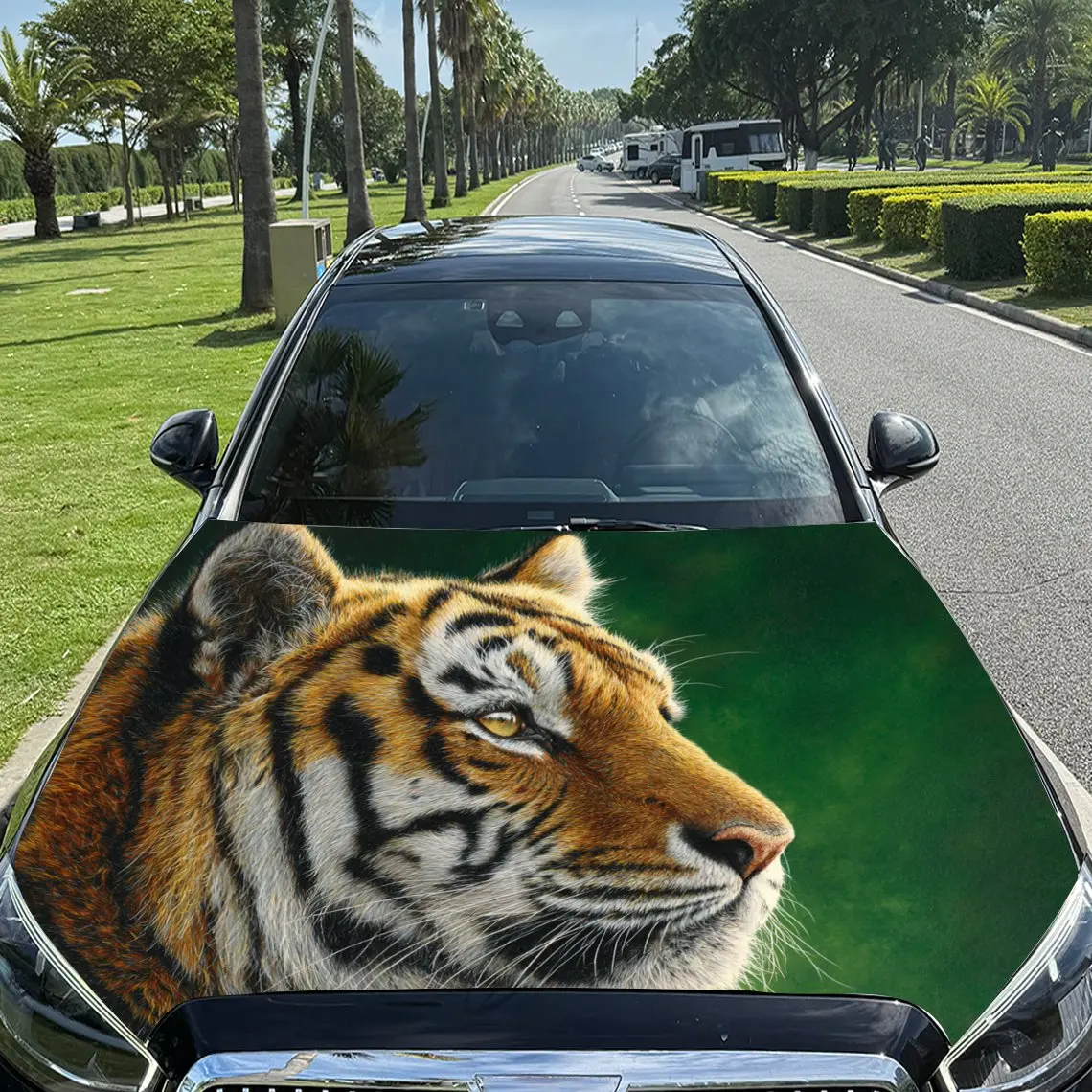 ملصقات سيارة على شكل نمر مع مظهر واقعي وحيوي مقابل ملصق غطاء السيارة بخلفية خضراء، مقاوم للماء ذاتي اللصق من الفينيل