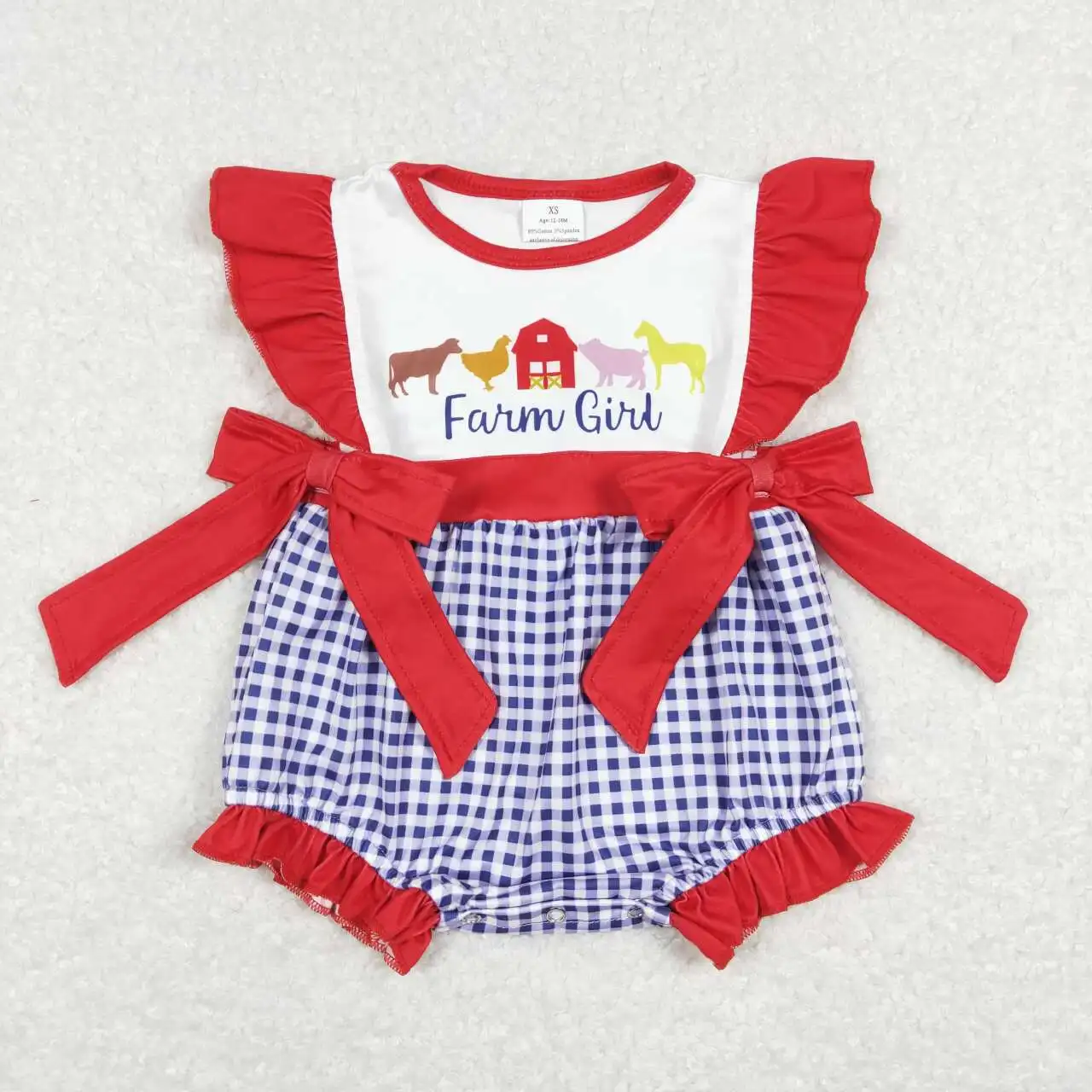 

Wholesale hot sale baby kids clothes newborn toddler Farm Animal Red House Blue plaid Red Lace bow vest onesie romper