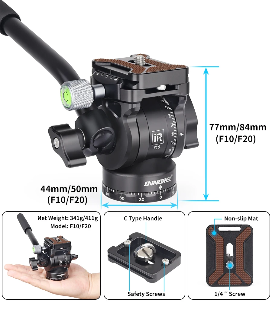 INNOREL F10/F20 Mini Stativ Flüssigkeit Kopf Neigung Kopf, Metall Kamera Video Stativ Kopf mit Arca Swiss Q.R.Platten für Video DSLR Kamera – Detail 6