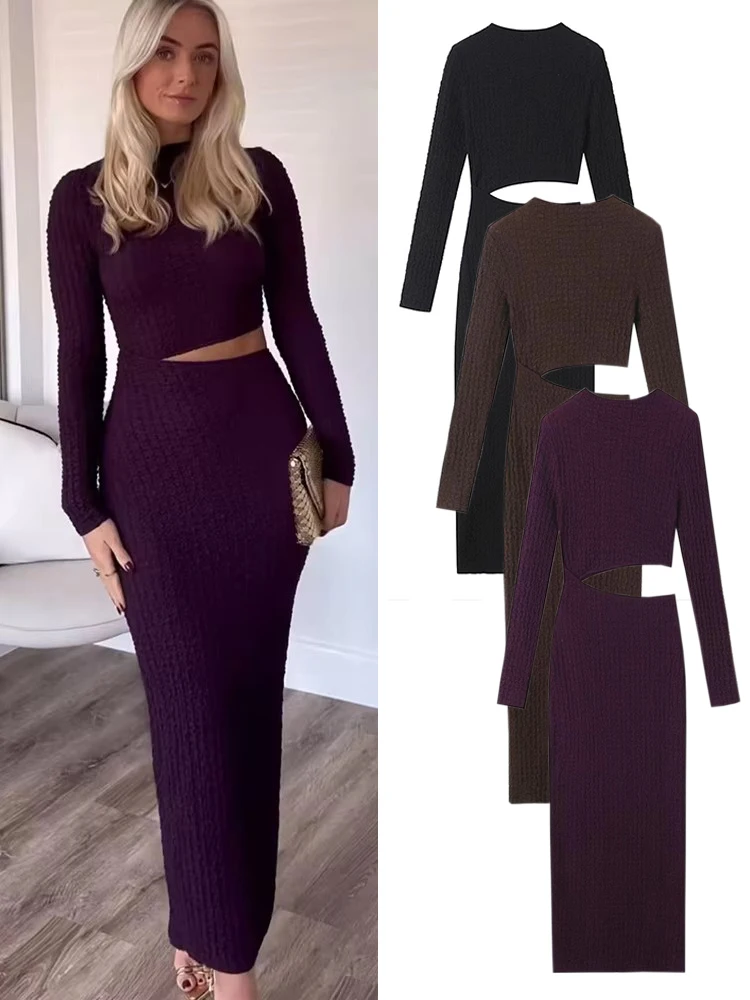 TRAF 2024 Sexy Women Hollow Out Textured Dress Elegant Slim Causal O-Neck Long Sleeve Chic Midi Dress Female Evening party Dress