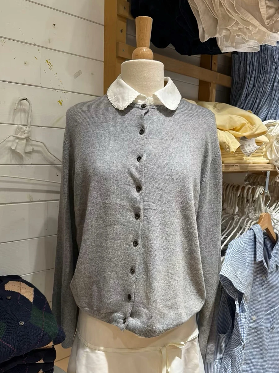 

Новый серый хлопковый мягкий кардиган, женский осенний однобортный трикотаж с круглым вырезом, винтажные повседневные простые свитера с длинными рукавами