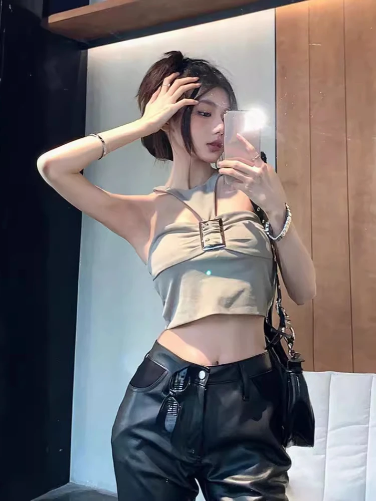 New Fashion Tanks 2024 Women's Clothing Sexy Hollow Out Halter Backless Crop Tops Korean Summer Camis Black All Match Y2k Vest