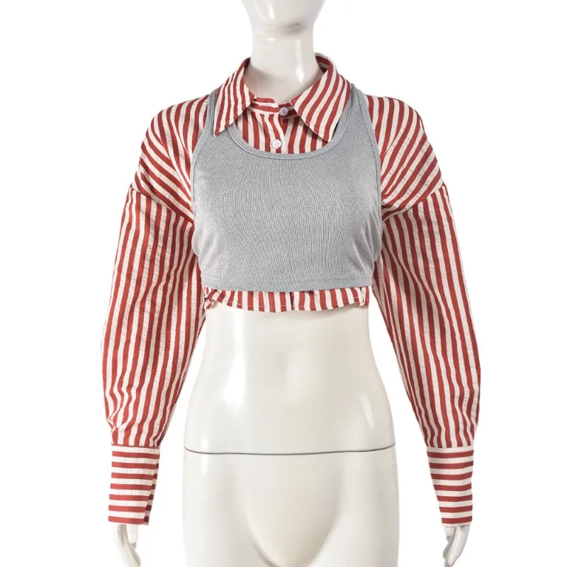 Trade Women's Lapel Autumn and Winter New Crop Stripes Simple Fashion Europe and The United States Two-piece Long-sleeved Shirt