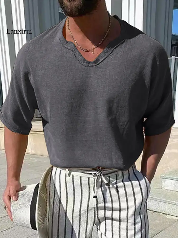 

Casual Loose Short Sleeve V-Neck Tee Shirt 2022 Fashion Men Tops Streetwear Vintage Solid Cotton Linen T-shirts Mens Summer