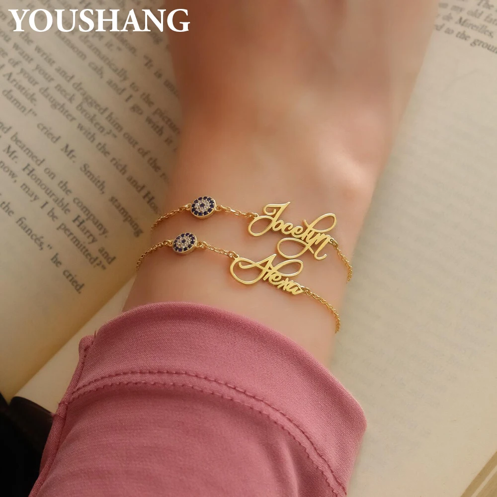

YOUSHANG Personalized Stainless Steel Name Bracelet with Devil's Eye Pendant Customized Couple's Holiday Jewelry Gift
