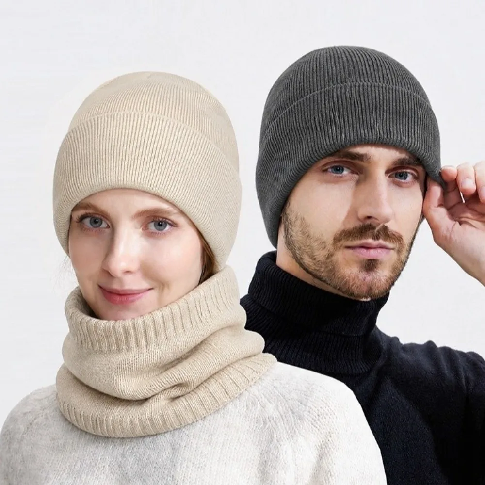 Solid Color Knitted Beanies Stretch Knitted Windproof Winter Hat Crochet Design Ear Protection Pullover Hat Neck Warmer