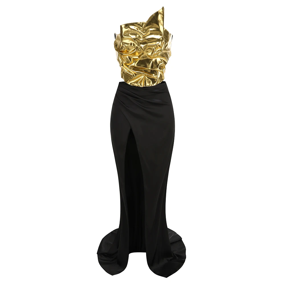 a Sexy Gold Top And a Black Floor-Length Gown With An Irregular Split