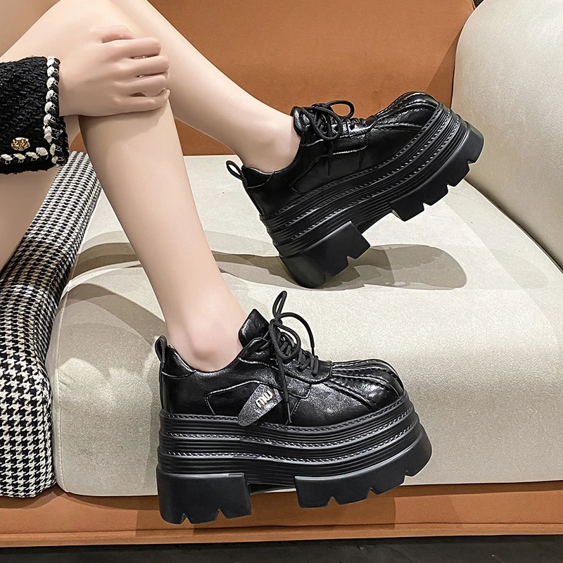 New 2025 Spring Women\'s Leather Sneakers High Platform Lace-up Casual Shoes Thick Sole 10CM Heels Walking Shoes Zapatos Mujer