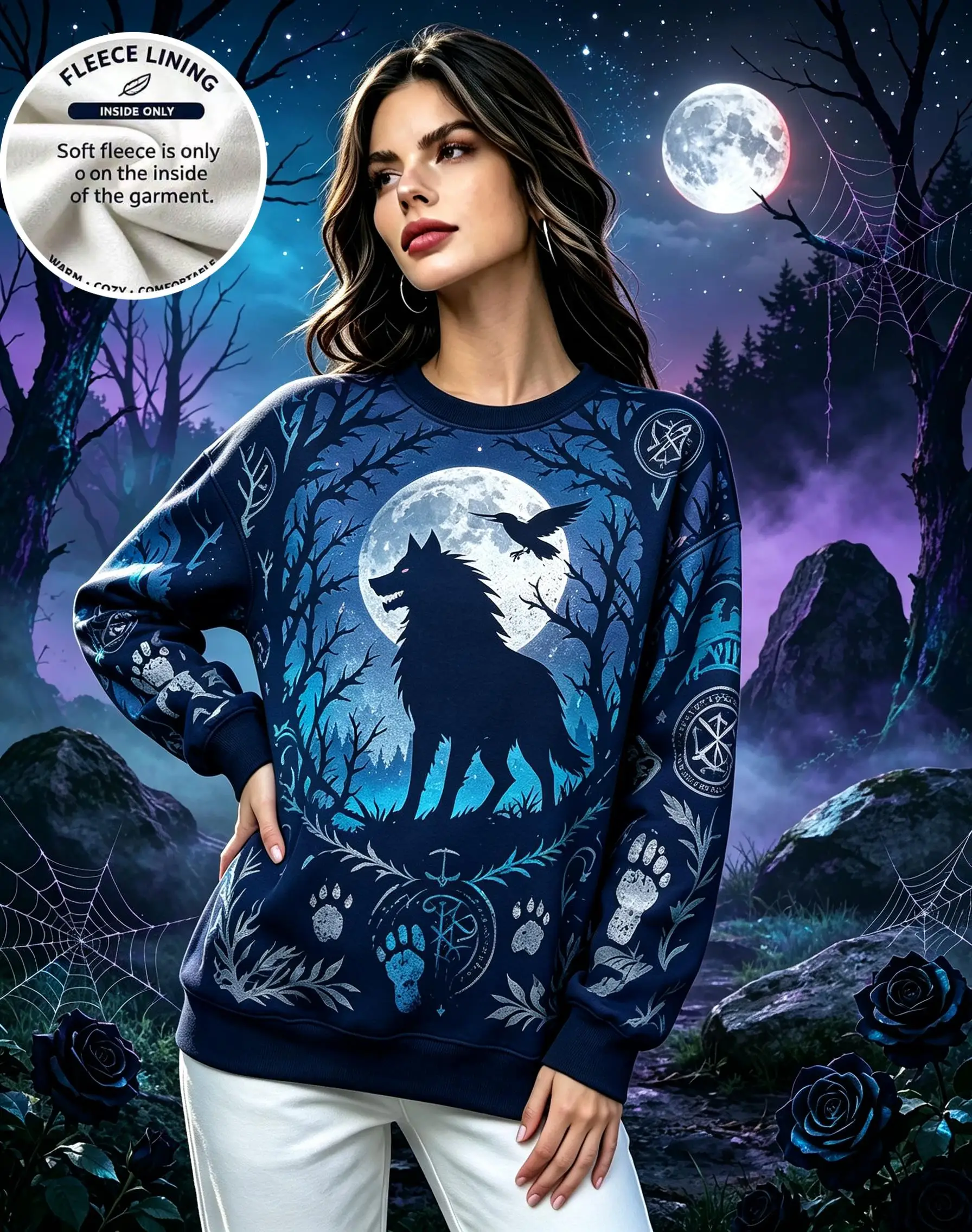 Women Crew Neck Sweatshirt Fleece Lined Full Moon Wolf Forest Raven Paw Print Long Sleeve Loose Casual Pullover Tops