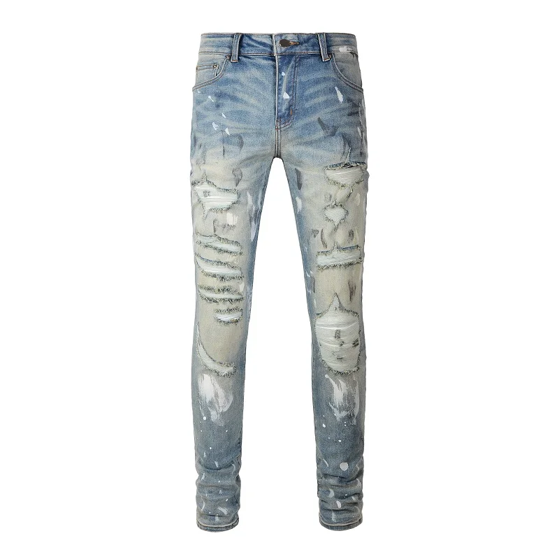 Men Holes Ripped Stretch Denim Jeans Streetwear Distressed Painted Skinny Tapered Pants Vintage Trousers