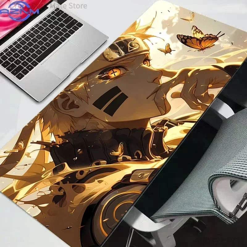 Golden Glow Anime Character and Butterflies Large Mousepad, Rubber Base Extended Desk Mat, Non-Slip Waterproof Keyboard Pad for