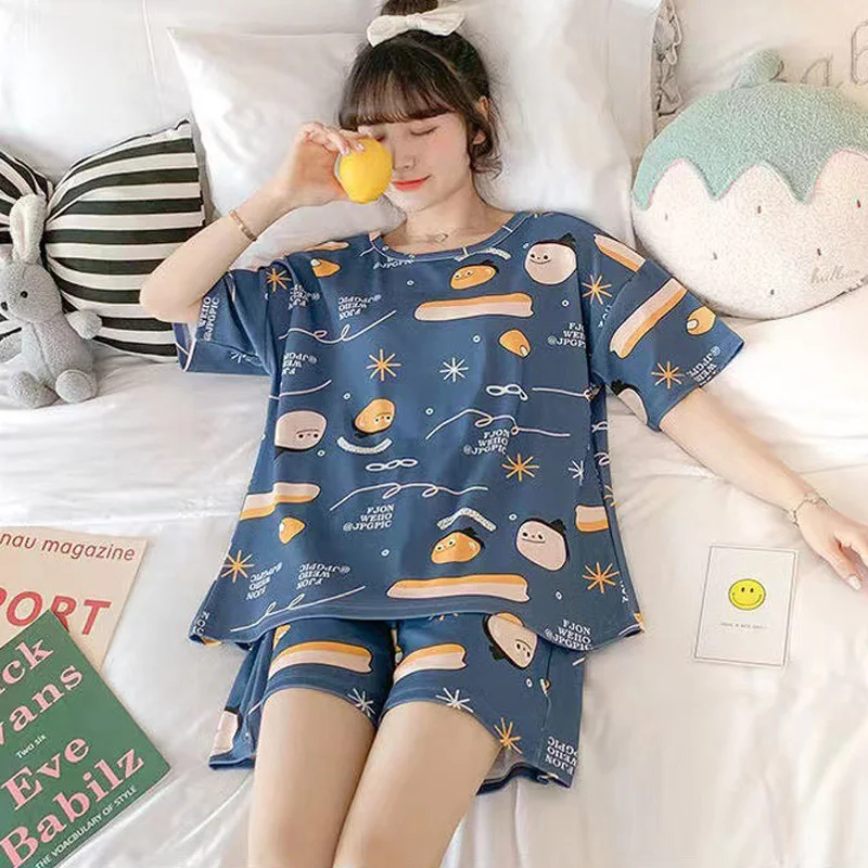 Two Sets Of Pajamas Women's Summer Short-Sleeved Shorts Large Size Thin Section Cute Comfortable Loose  Worn Outside Homewear